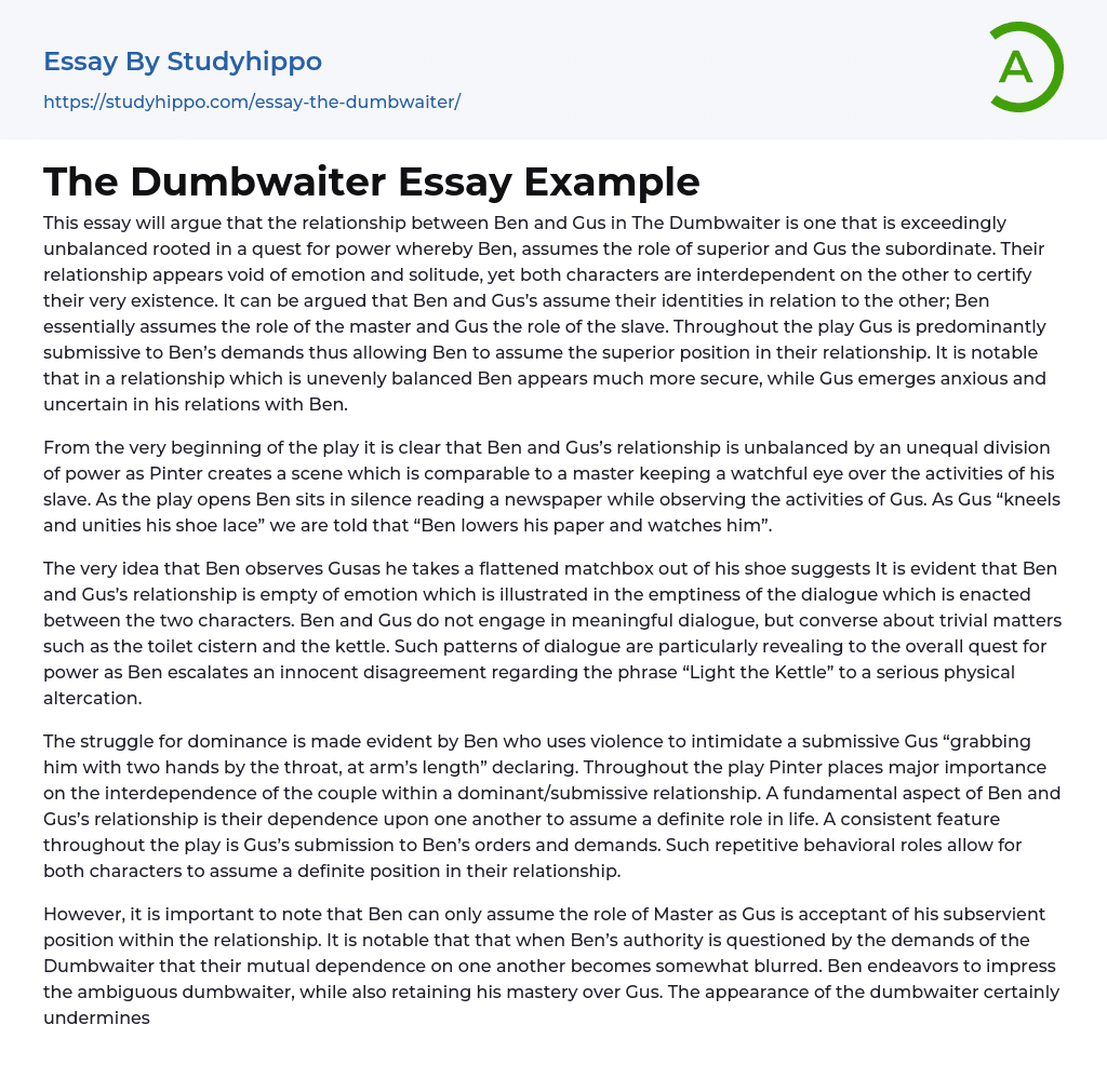 The Dumbwaiter Essay Example