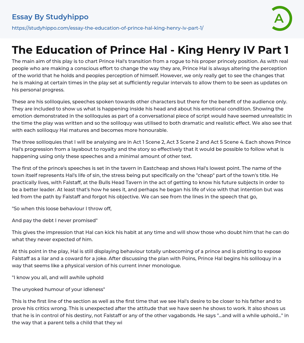 The Education of Prince Hal – King Henry IV Part 1 Essay Example