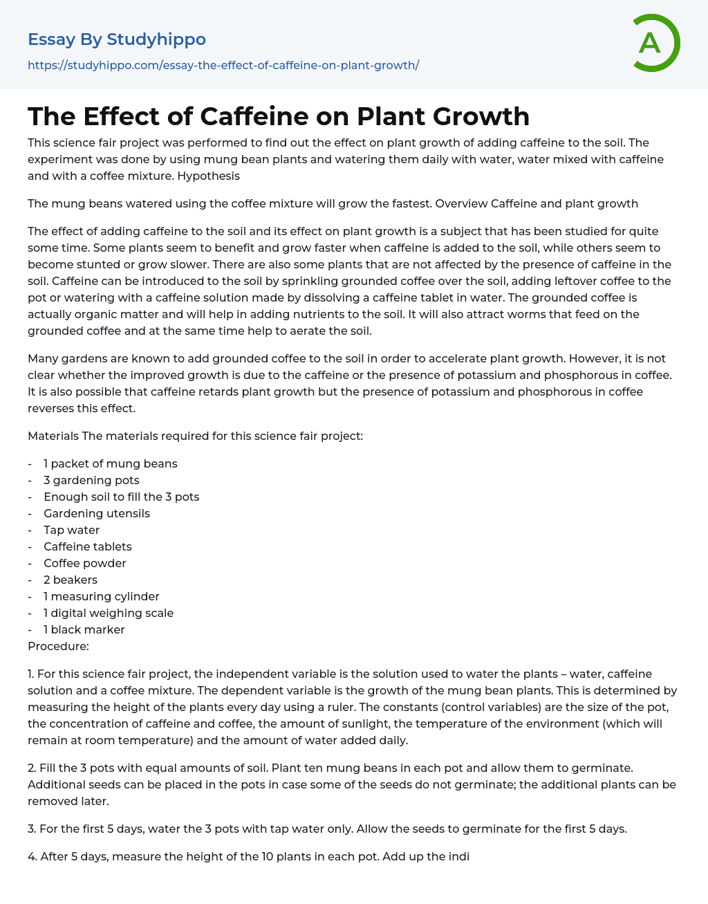 The Effect of Caffeine on Plant Growth Essay Example