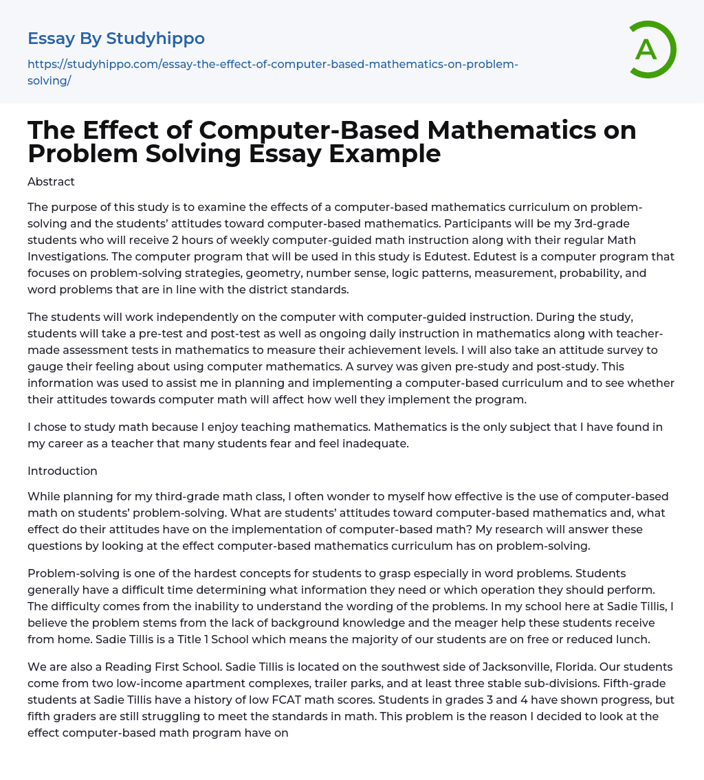 The Effect of Computer-Based Mathematics on Problem Solving Essay Example