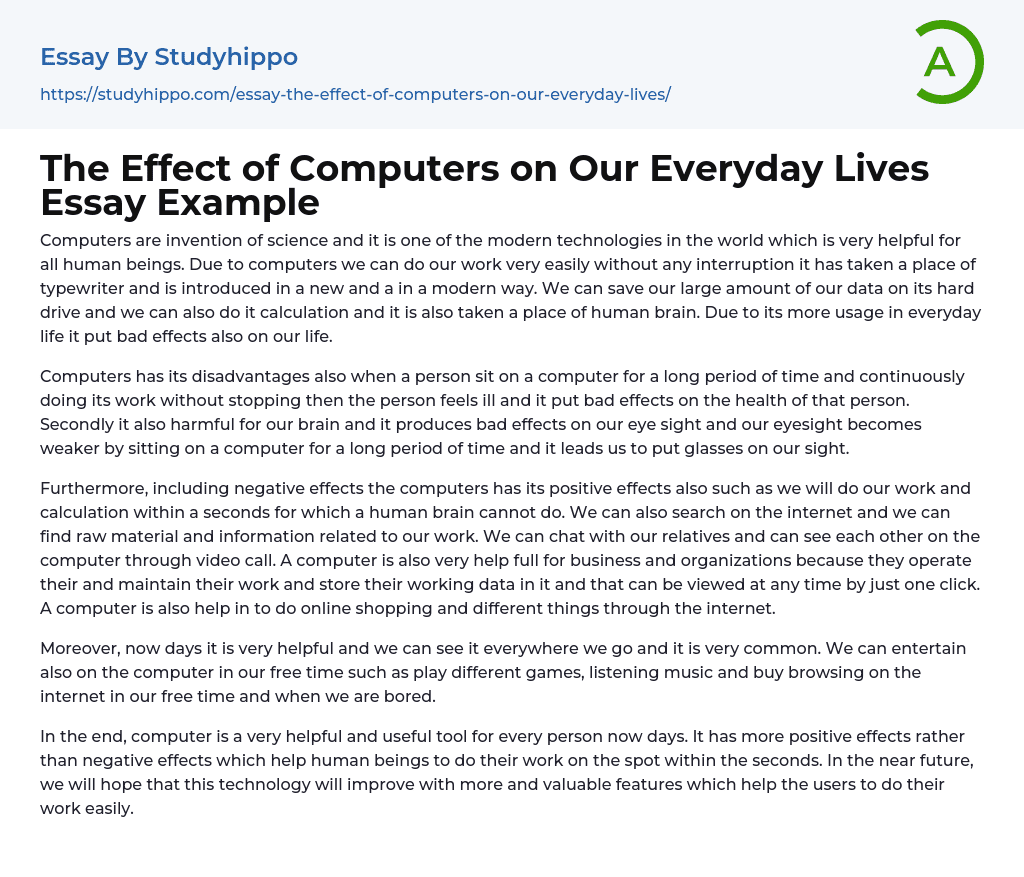 The Effect of Computers on Our Everyday Lives Essay Example