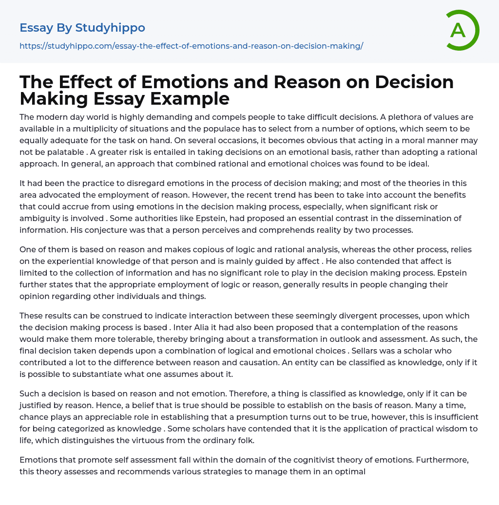 The Effect of Emotions and Reason on Decision Making Essay Example