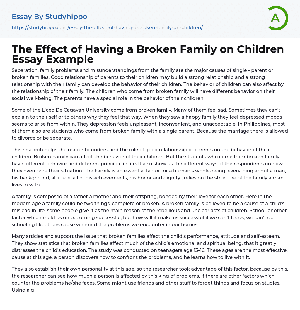 The Effect of Having a Broken Family on Children Essay Example