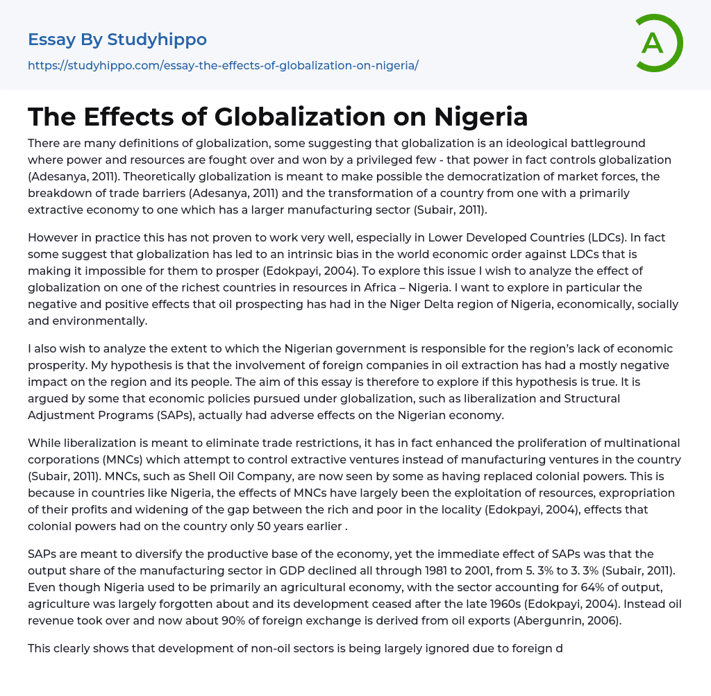 The Effects of Globalization on Nigeria Essay Example