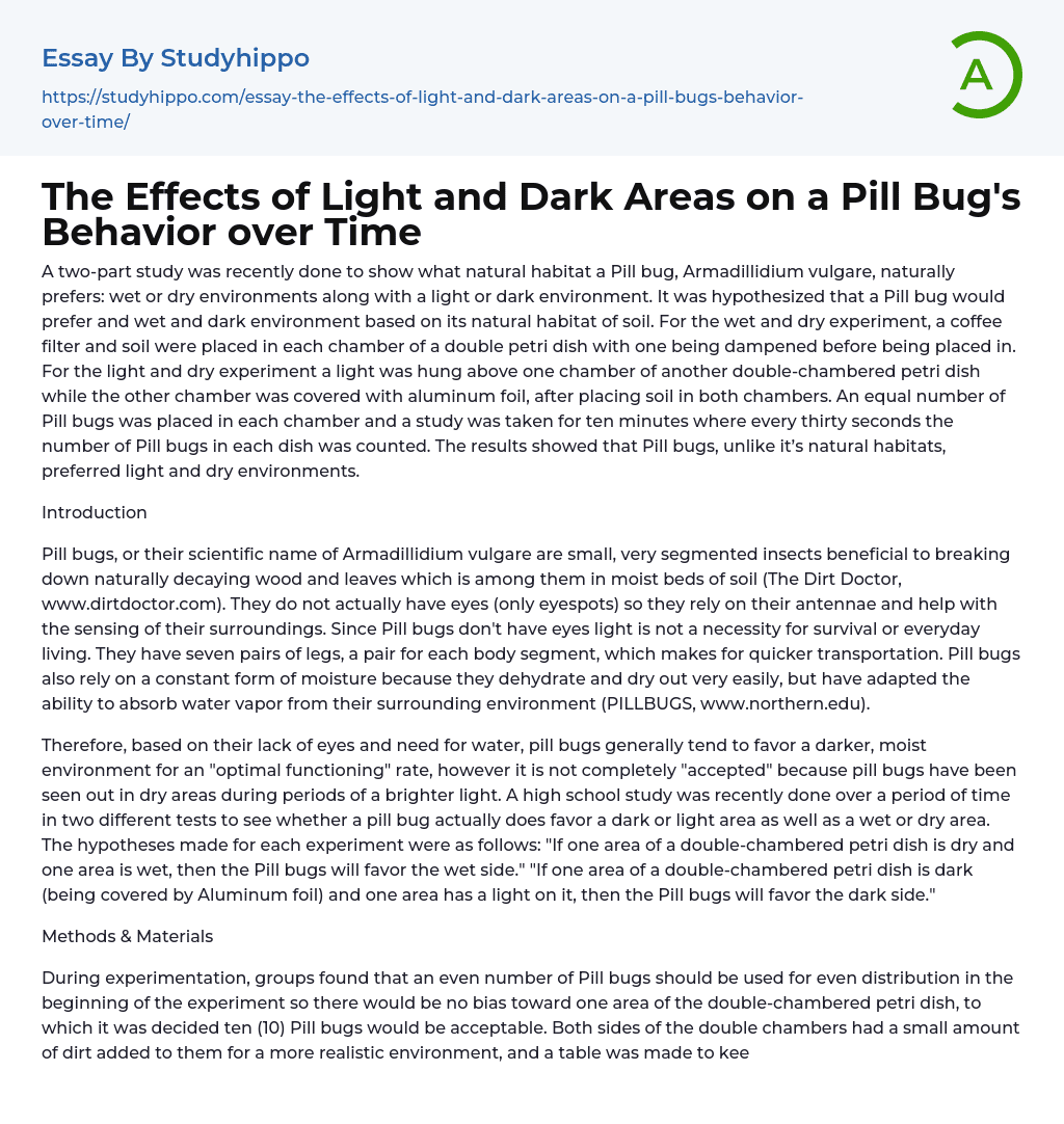 The Effects of Light and Dark Areas on a Pill Bug’s Behavior over Time Essay Example