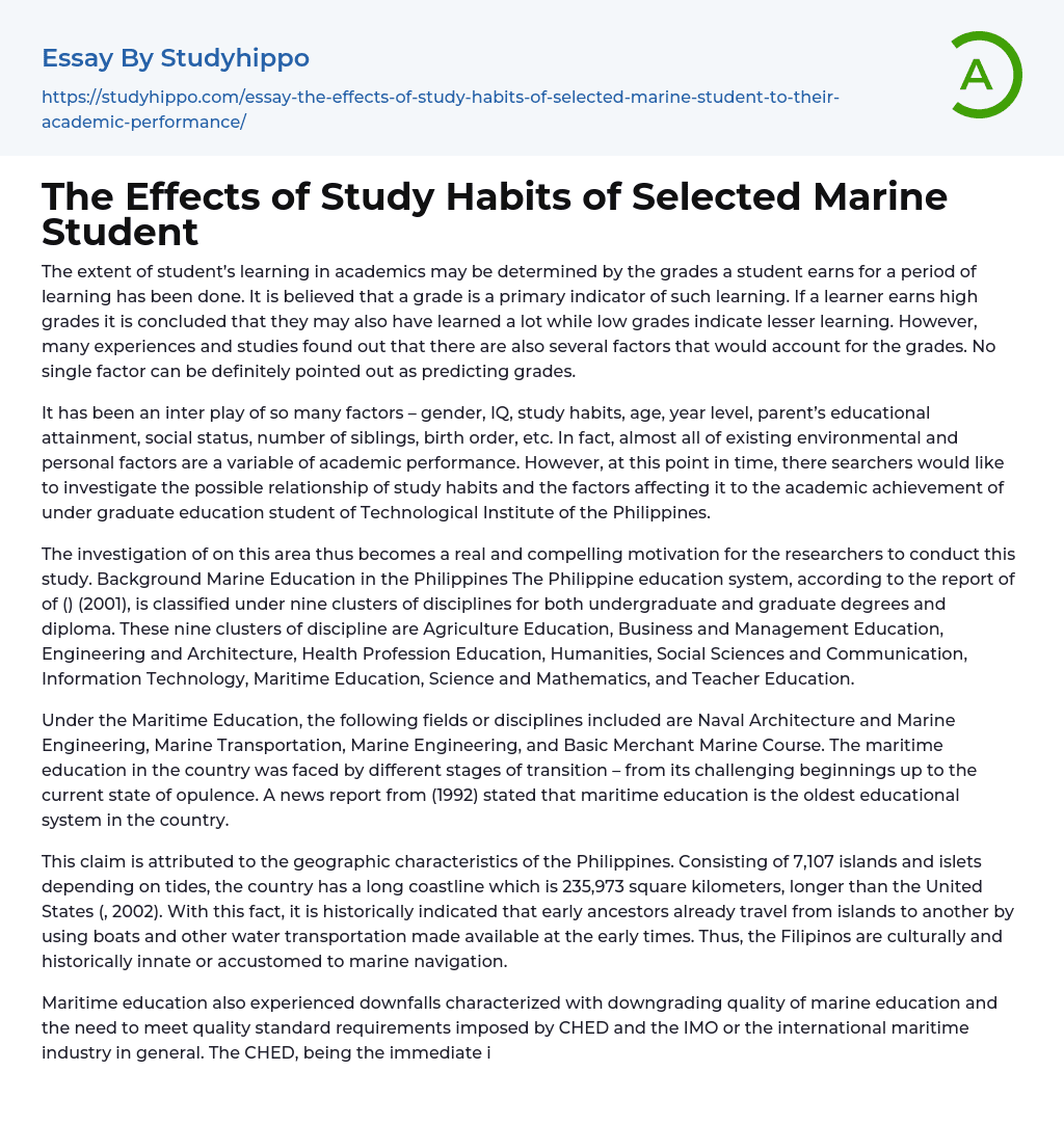 The Effects of Study Habits of Selected Marine Student Essay Example