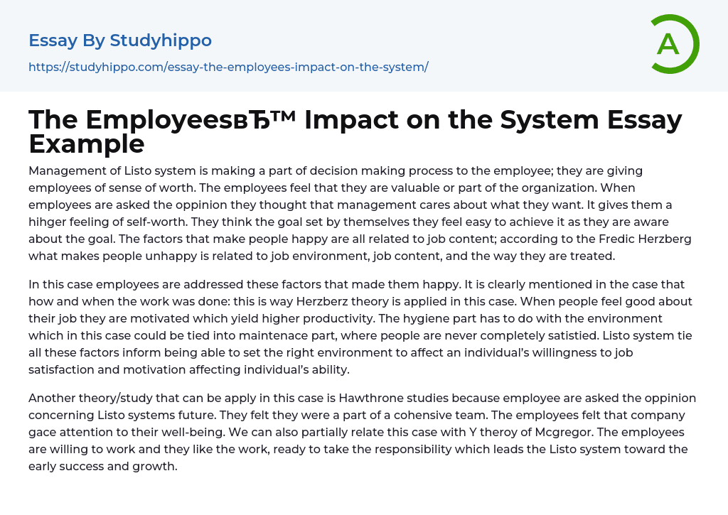 The Employees Impact on the System Essay Example