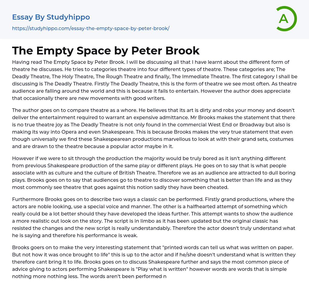 The Empty Space by Peter Brook Essay Example
