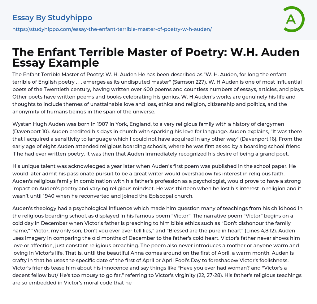 The Enfant Terrible Master of Poetry: W.H. Auden Essay Example