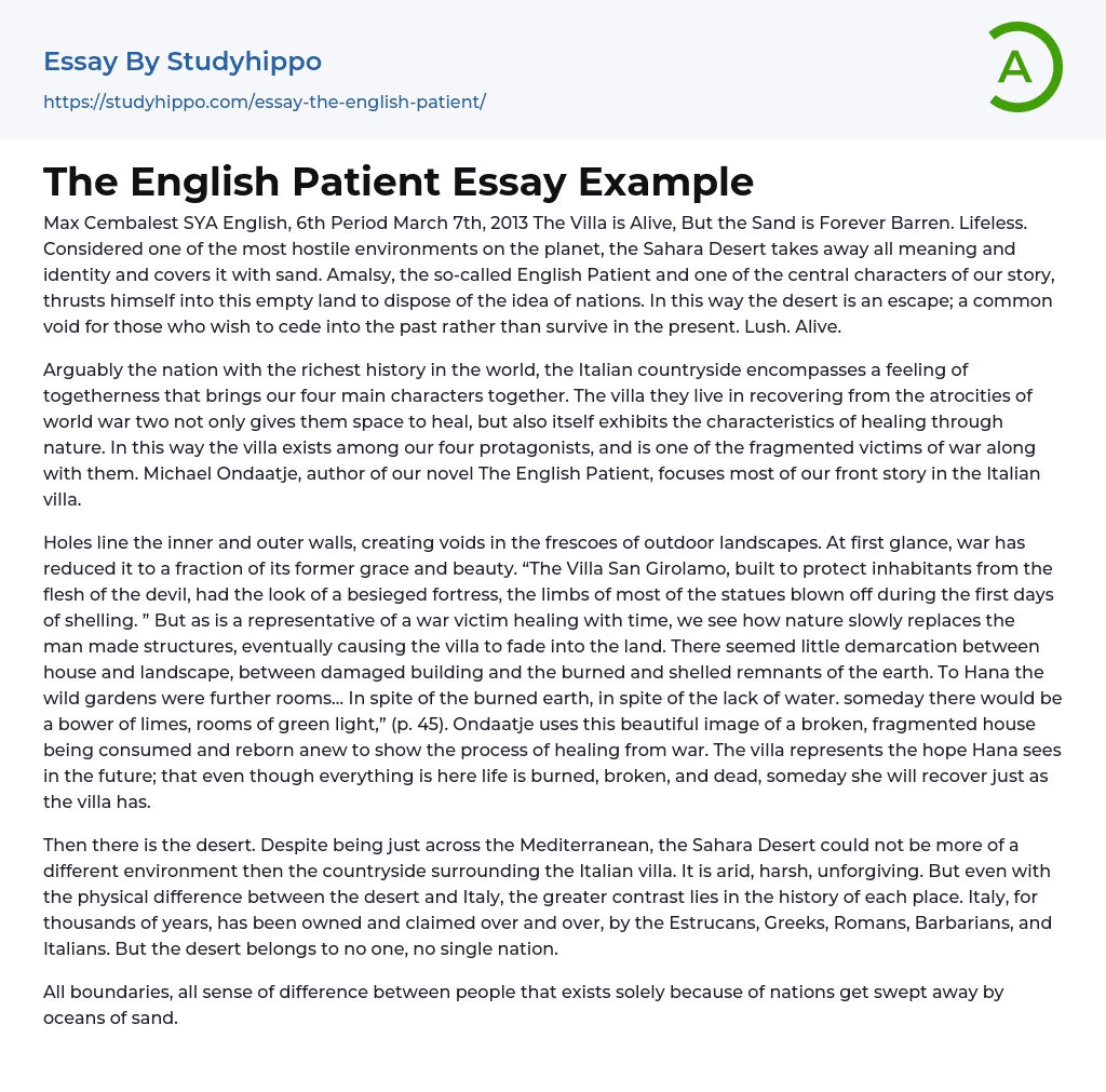 “The English Patient” by Michael Ondaatje Essay Example
