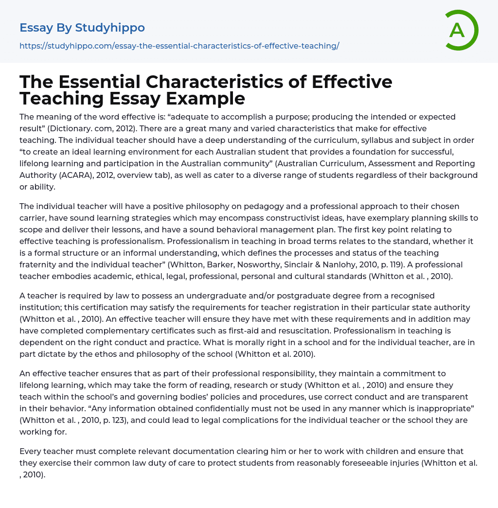 The Essential Characteristics of Effective Teaching Essay Example