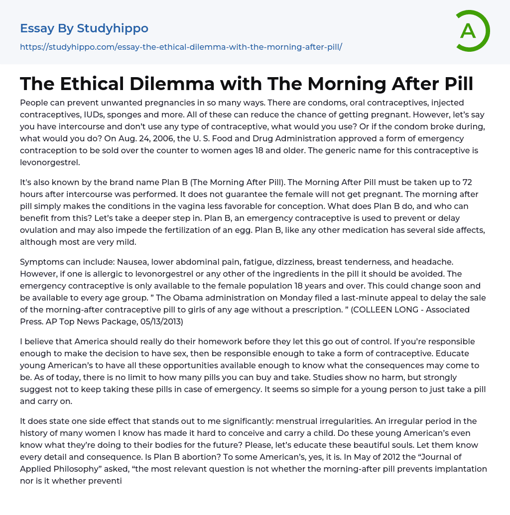 The Ethical Dilemma with The Morning After Pill Essay Example