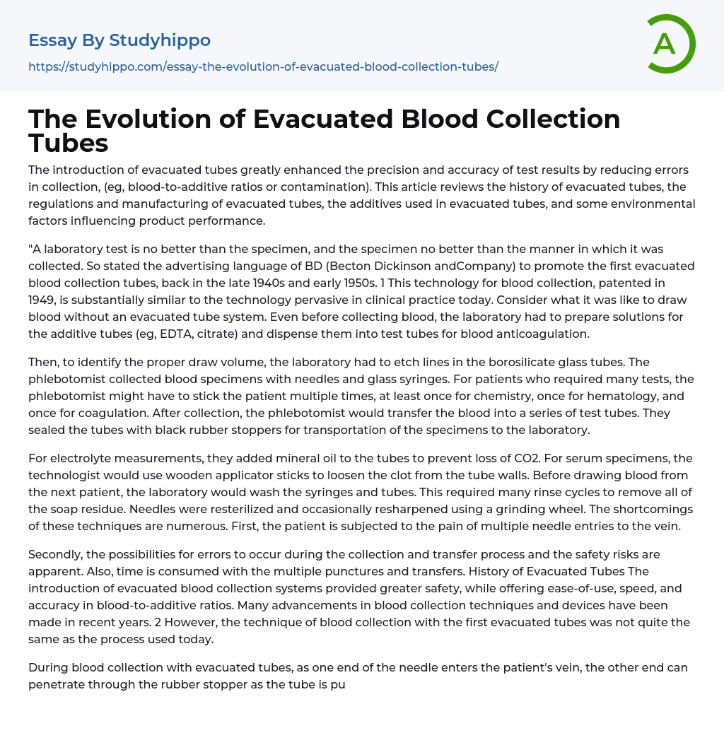 The Evolution of Evacuated Blood Collection Tubes Essay Example