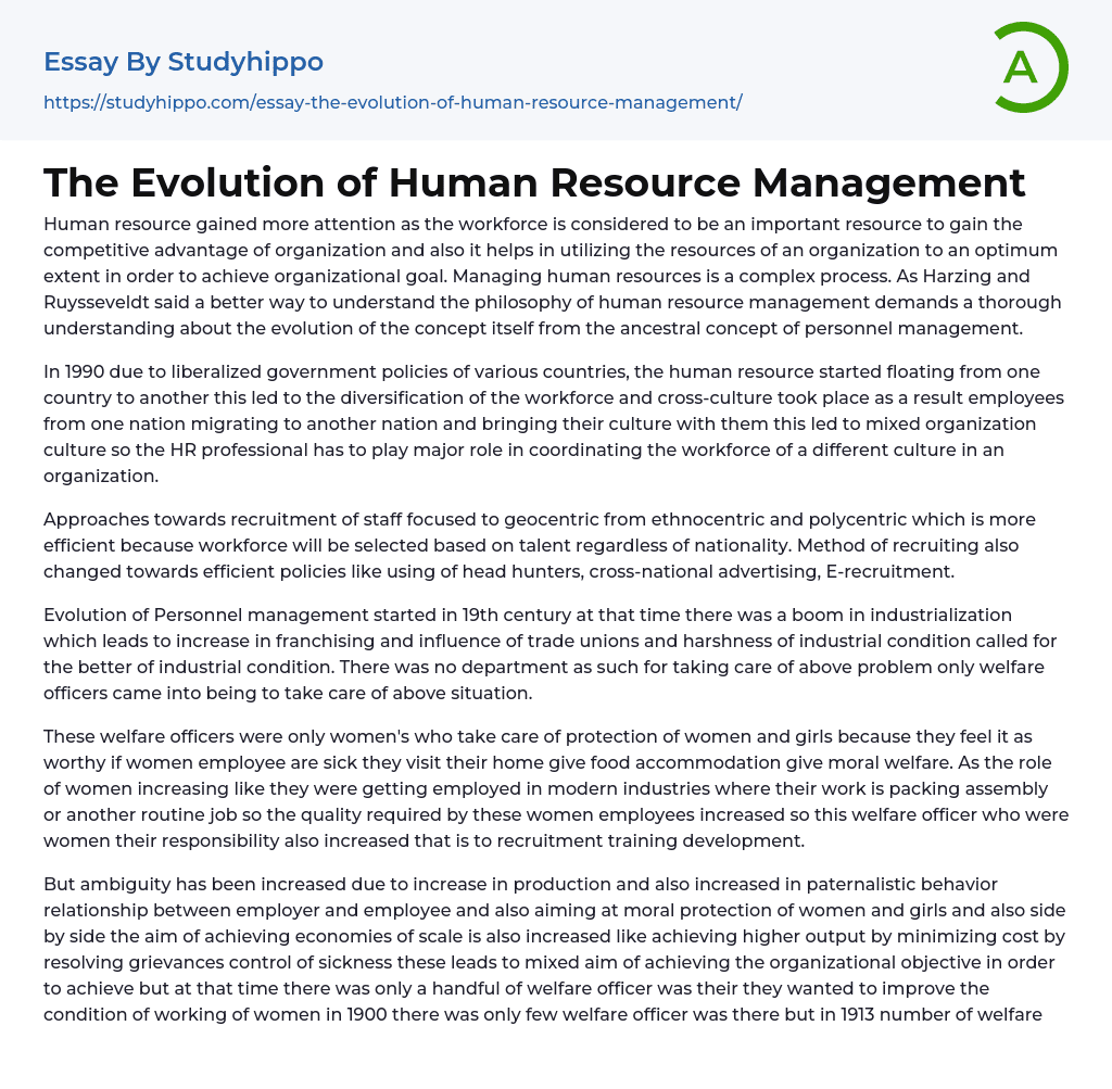The Evolution of Human Resource Management Essay Example