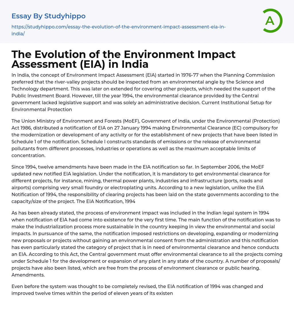 The Evolution of the Environment Impact Assessment (EIA) in India Essay Example