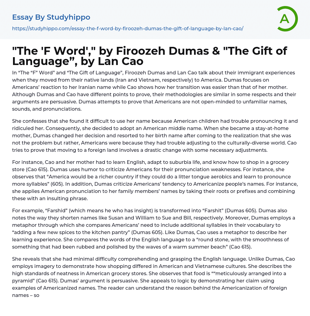 “The ‘F Word’,” by Firoozeh Dumas & “The Gift of Language”, by Lan Cao Essay Example