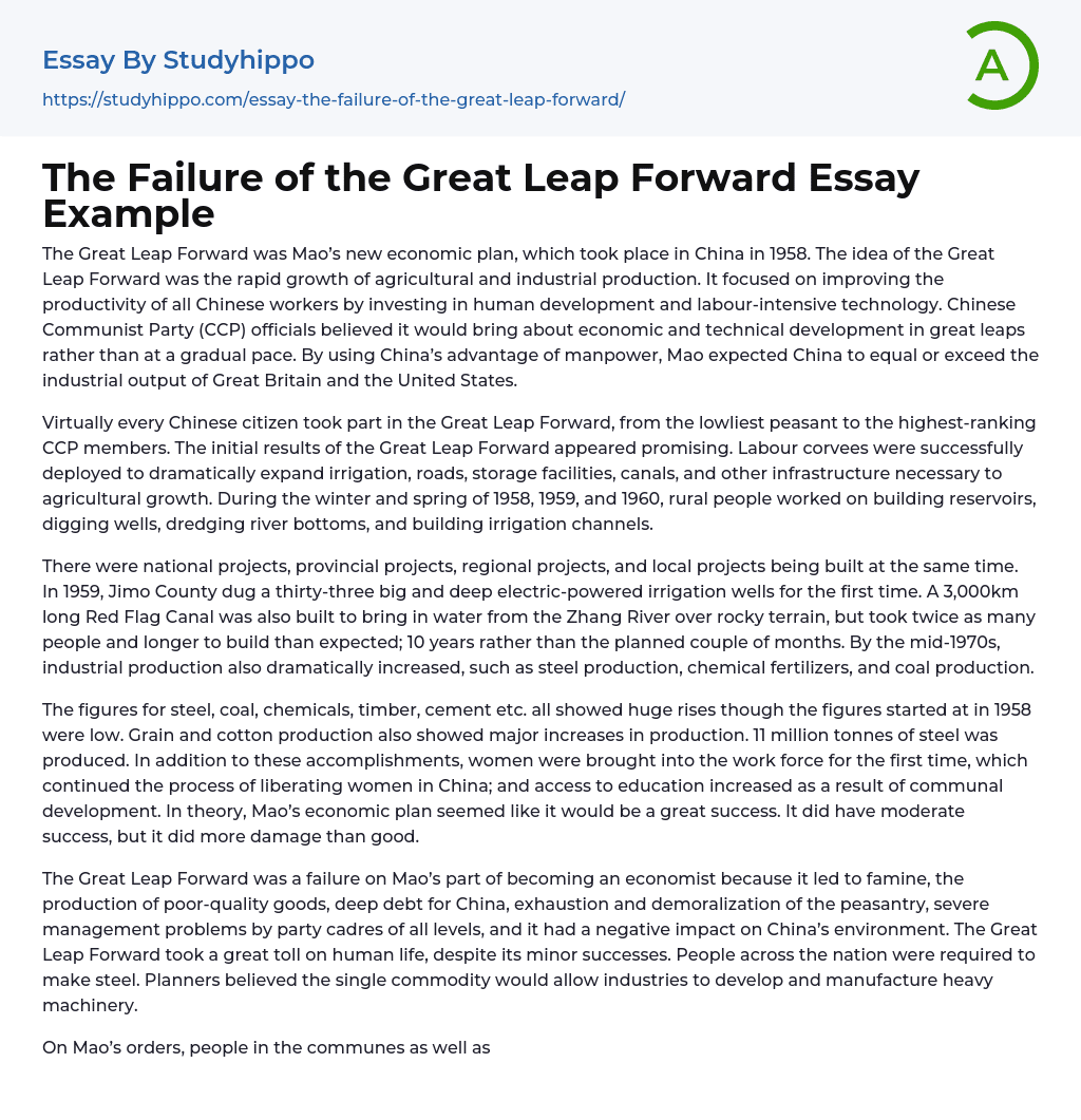 The Failure of the Great Leap Forward Essay Example