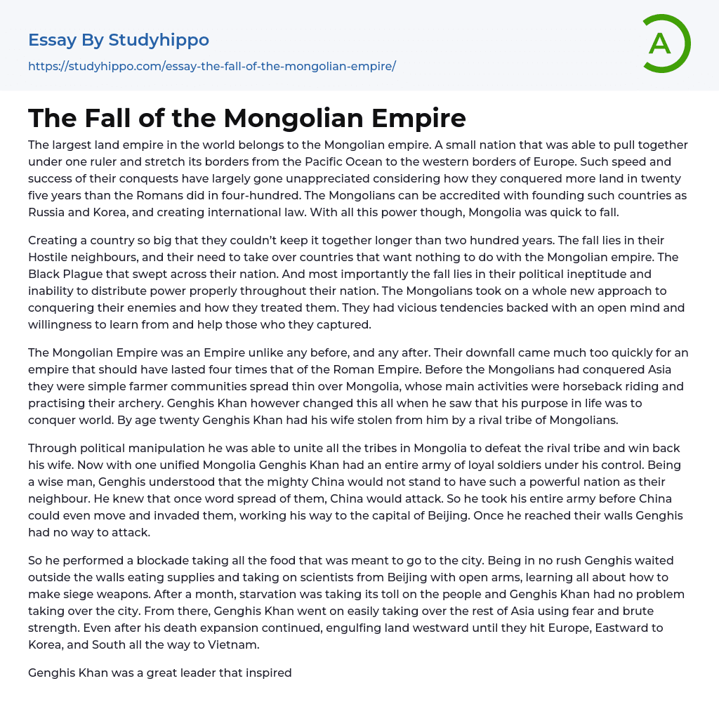 The Fall of the Mongolian Empire Essay Example