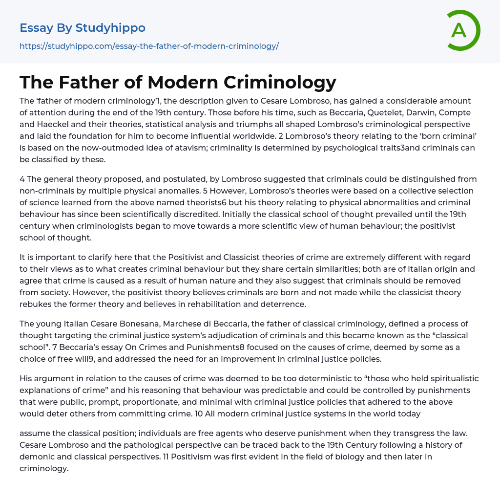 The Father of Modern Criminology Essay Example
