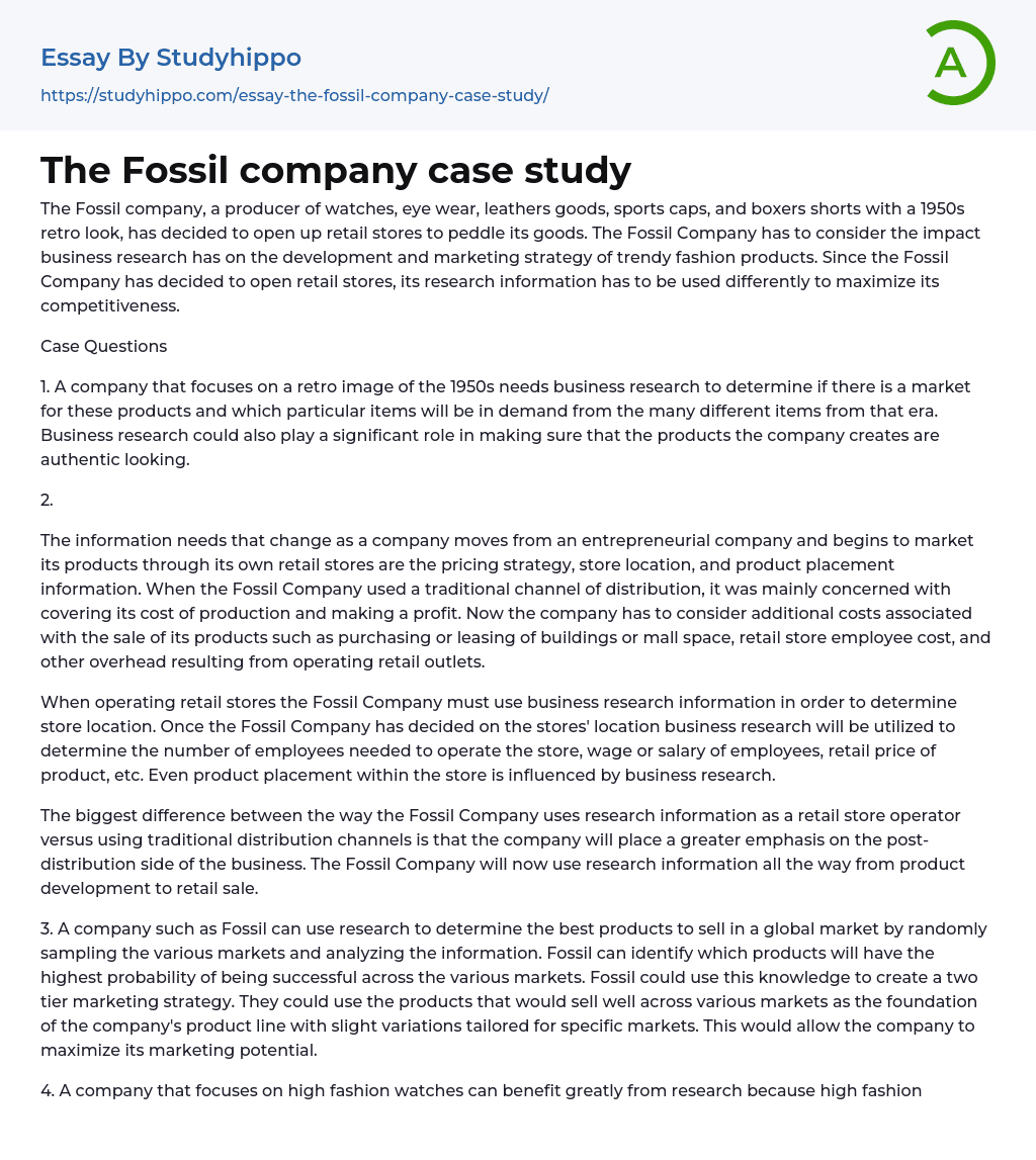 The Fossil company case study Essay Example