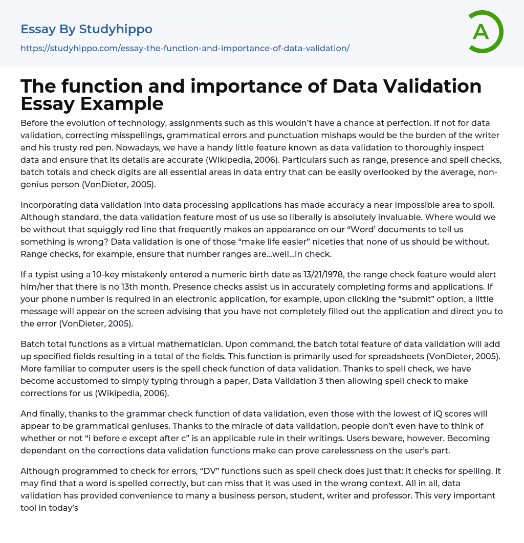 The function and importance of Data Validation Essay Example