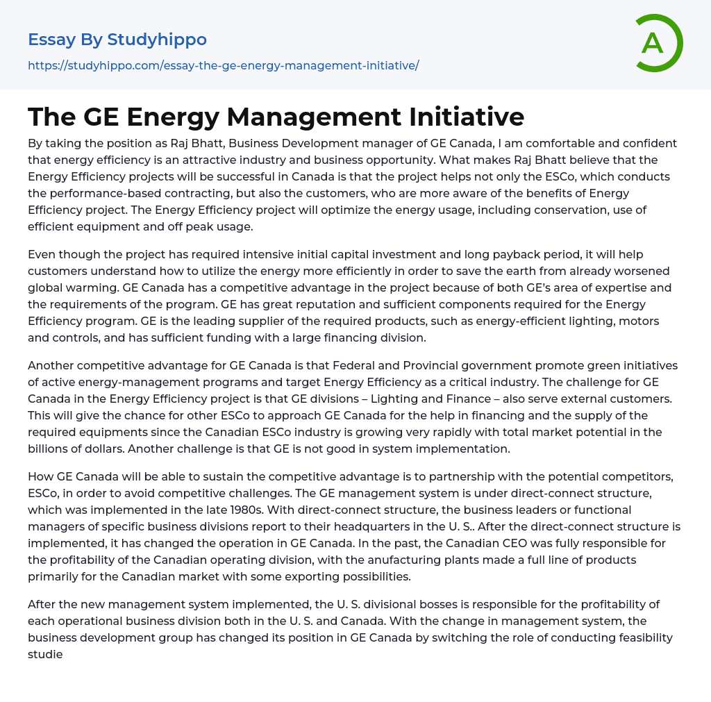 The GE Energy Management Initiative Essay Example