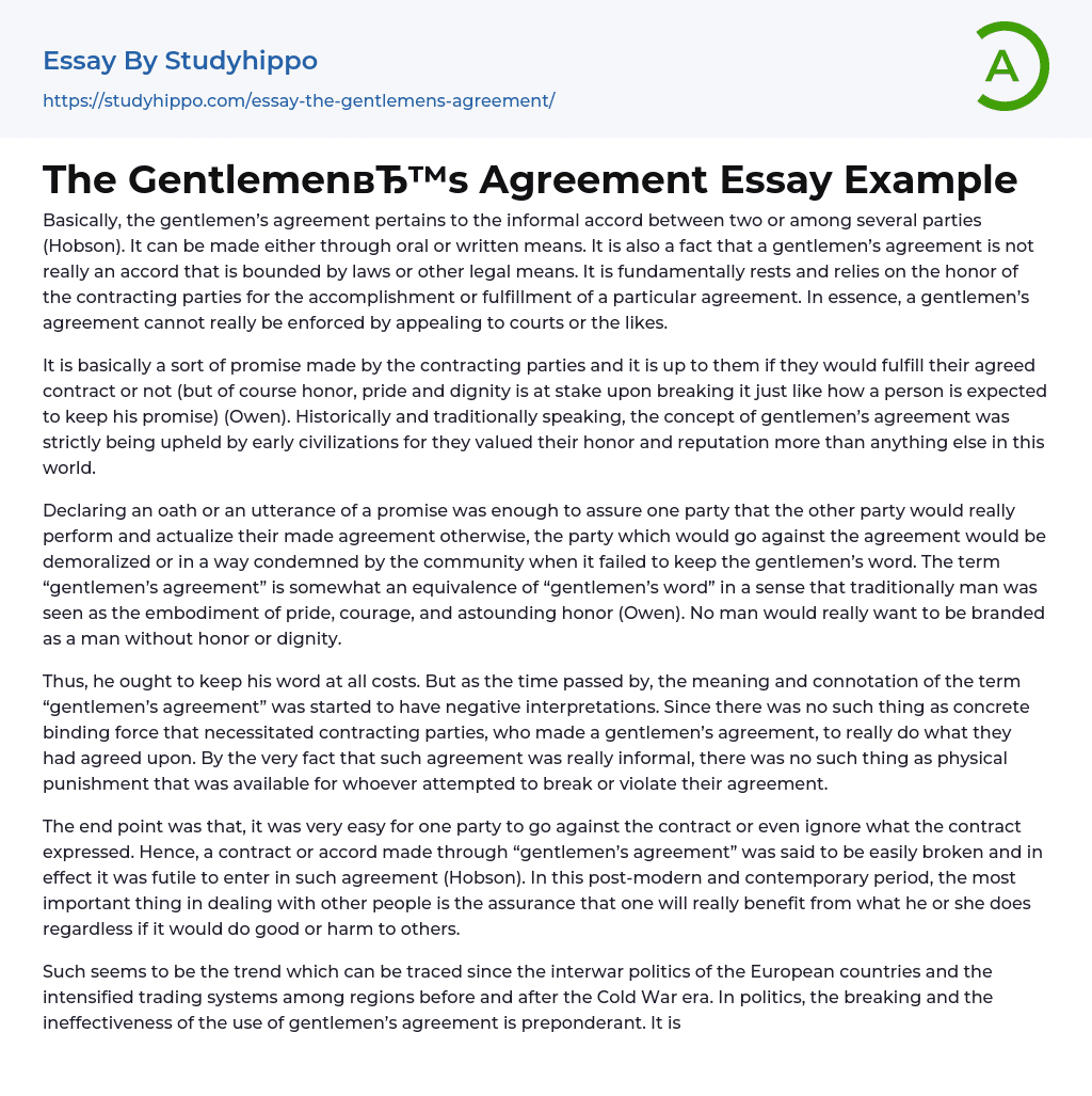 The Gentlemen’s Agreement Essay Example