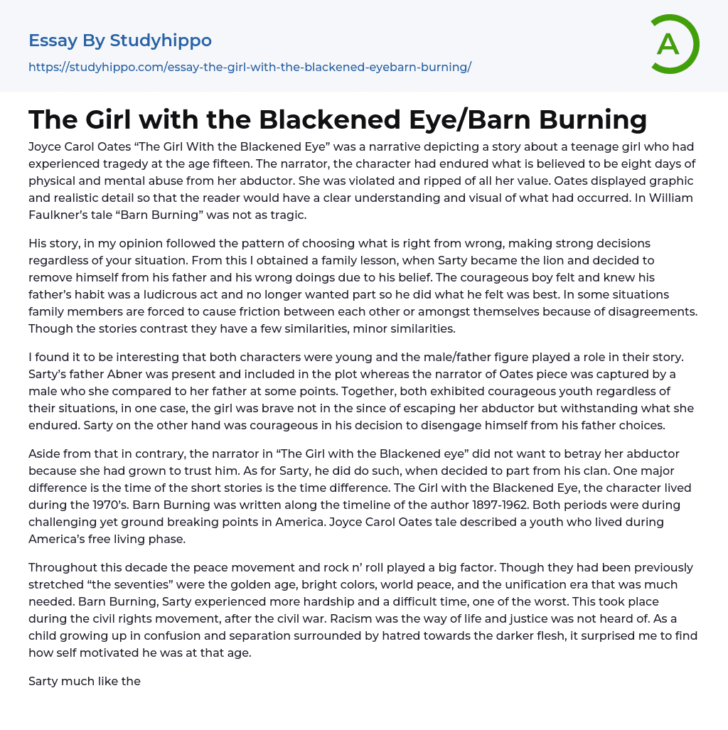 The Girl with the Blackened Eye/Barn Burning Essay Example