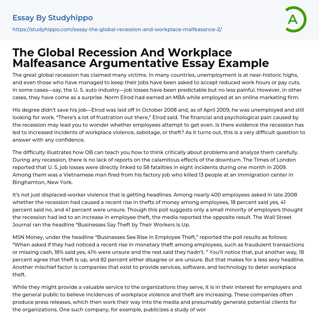 The Global Recession And Workplace Malfeasance Argumentative Essay Example