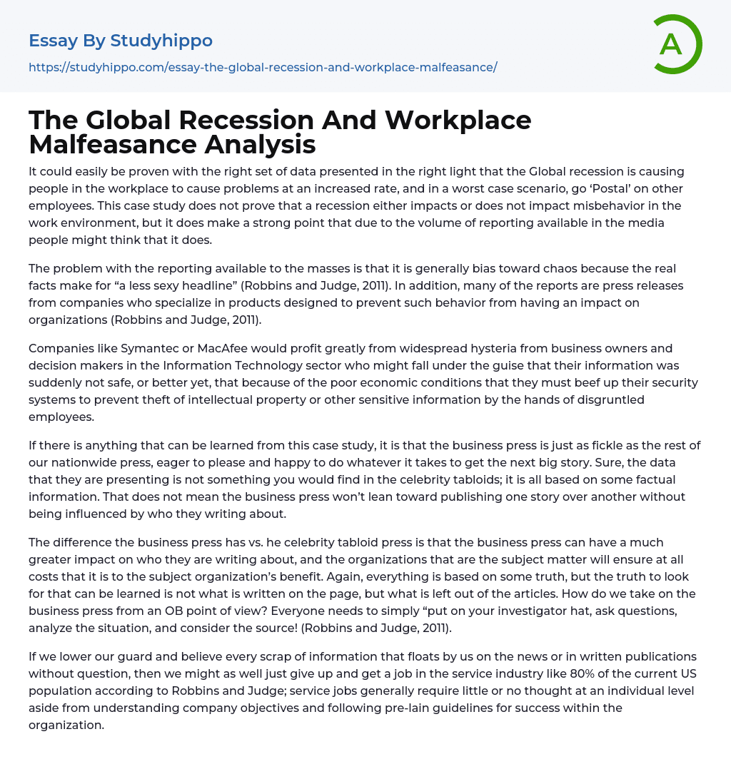 The Global Recession And Workplace Malfeasance Analysis Essay Example