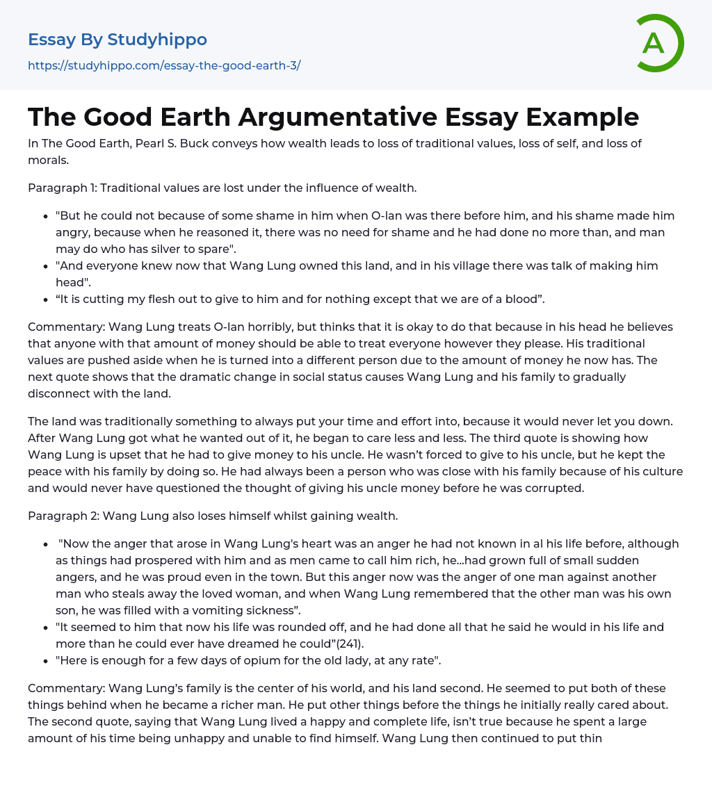 The Good Earth Argumentative Essay Example