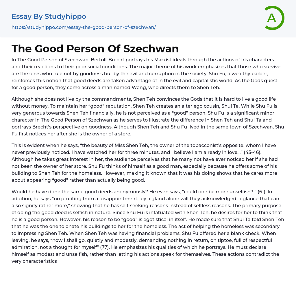 The Good Person Of Szechwan Essay Example