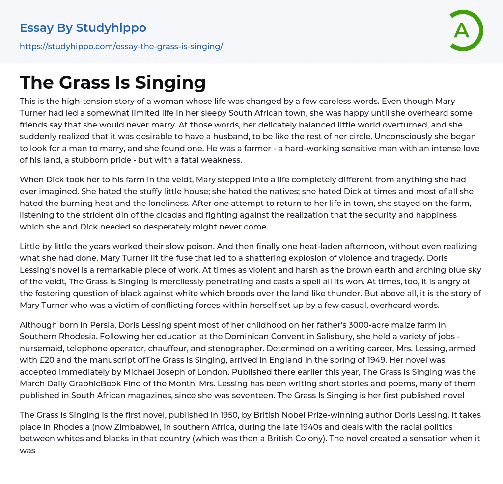 The Grass Is Singing Essay Example