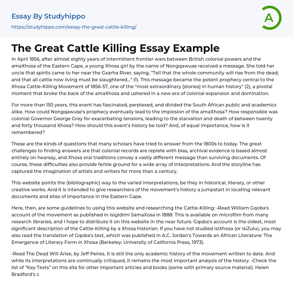 The Great Cattle Killing Essay Example