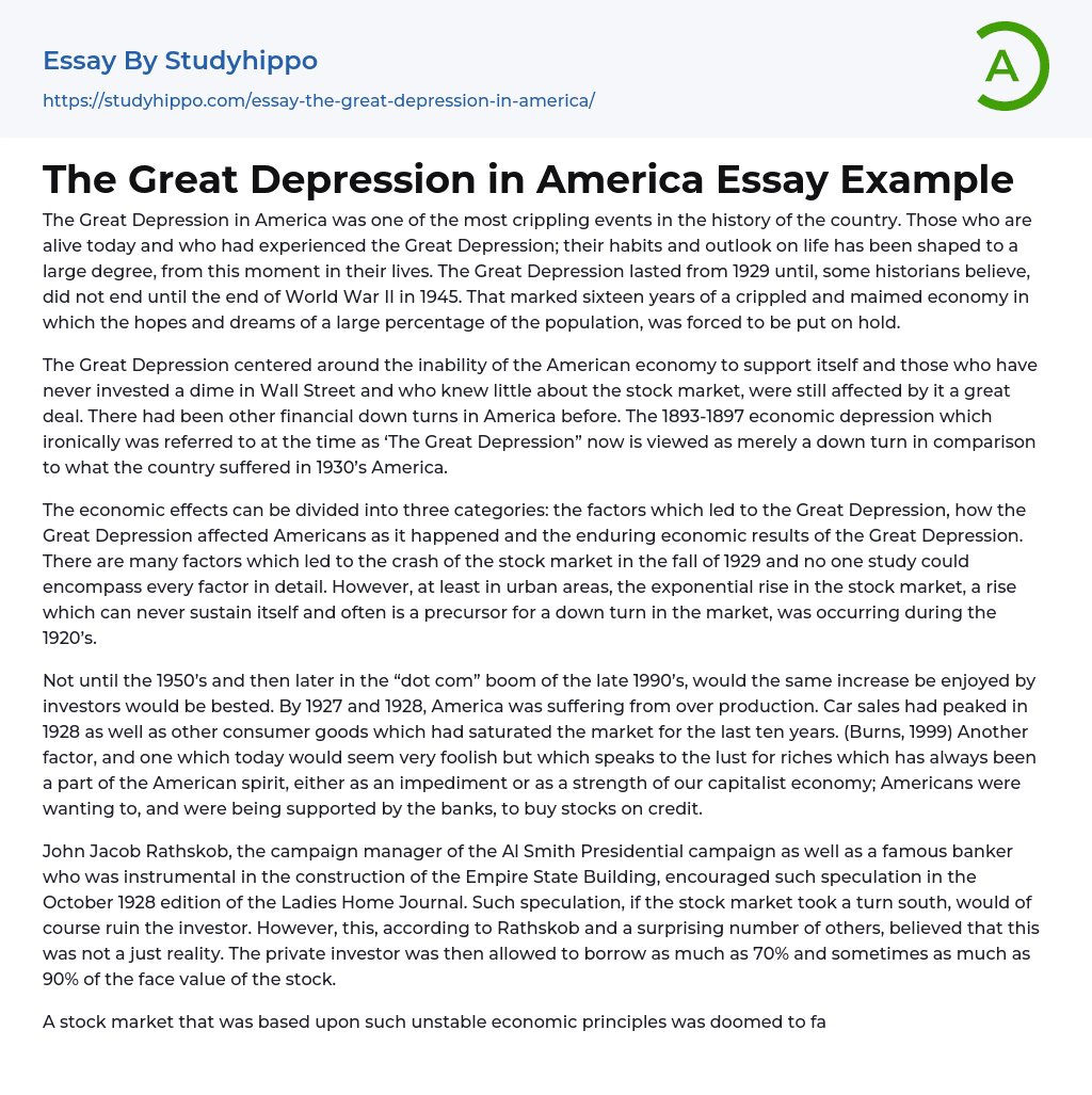 The Great Depression in America Essay Example