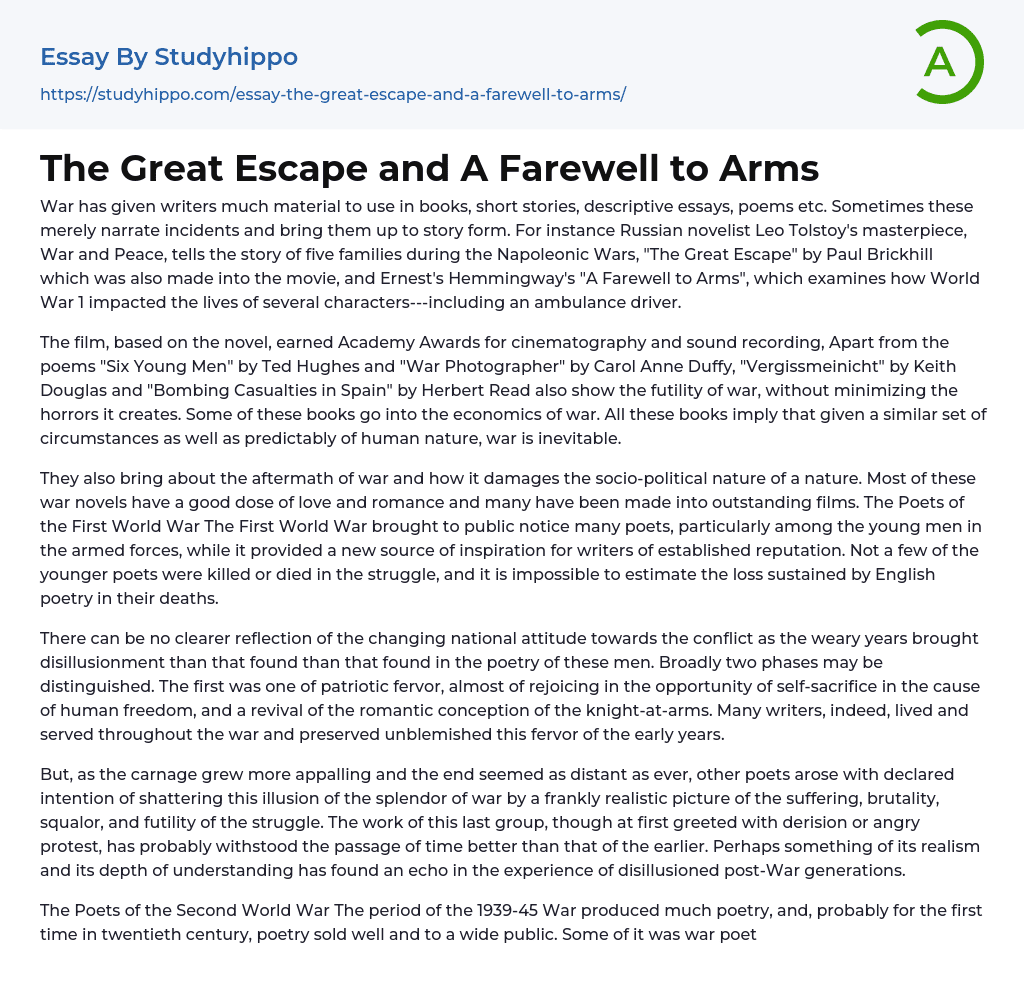The Great Escape and A Farewell to Arms Essay Example