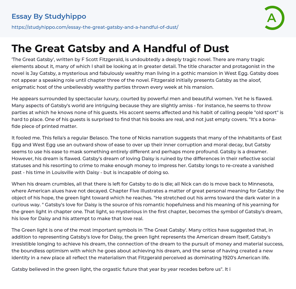 The Great Gatsby and A Handful of Dust Essay Example