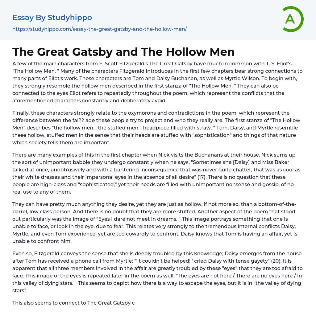 The Great Gatsby and The Hollow Men Essay Example