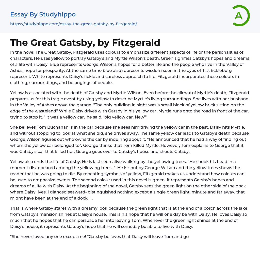 The Great Gatsby, by Fitzgerald Essay Example