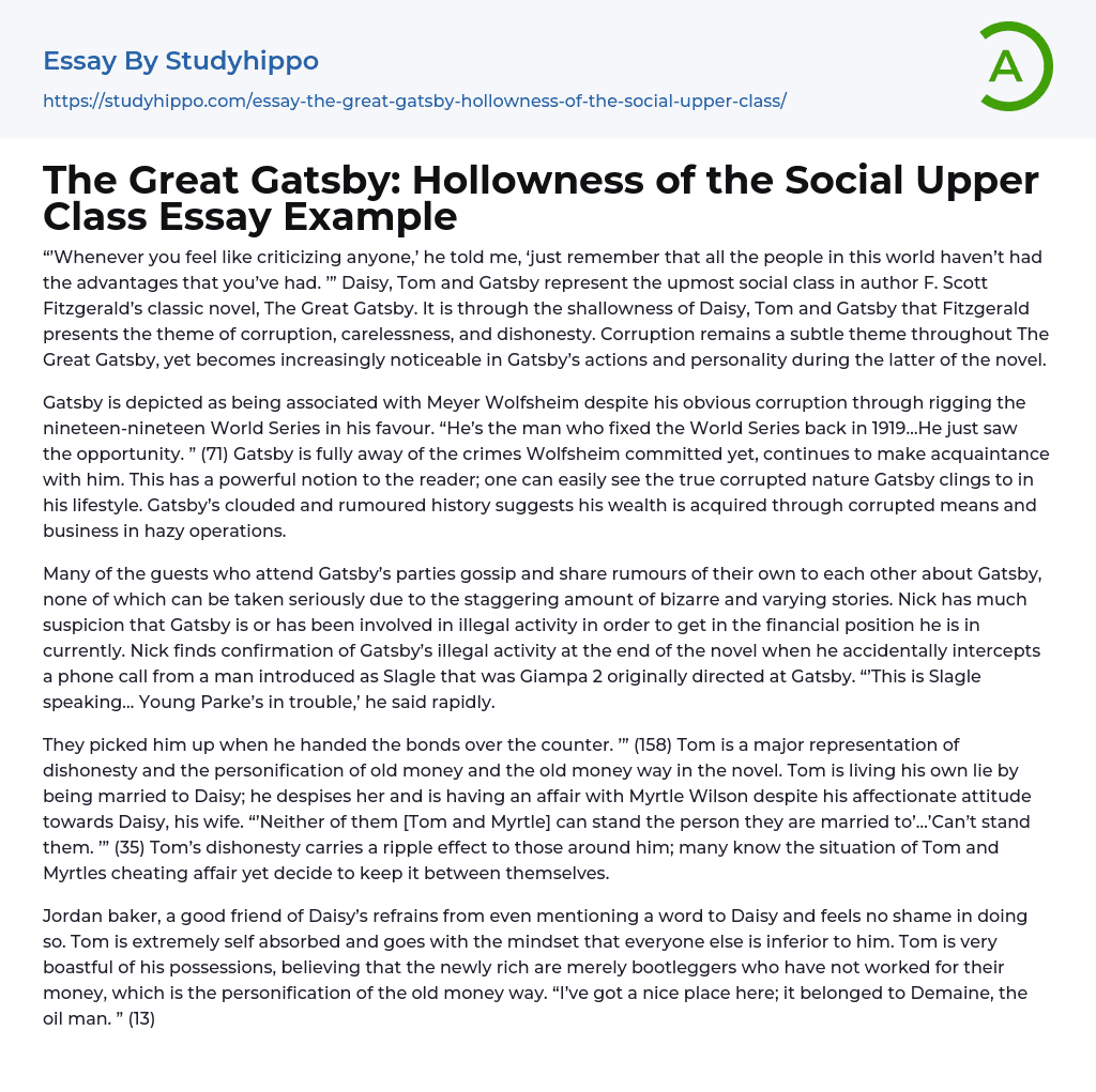 The Great Gatsby: Hollowness of the Social Upper Class Essay Example