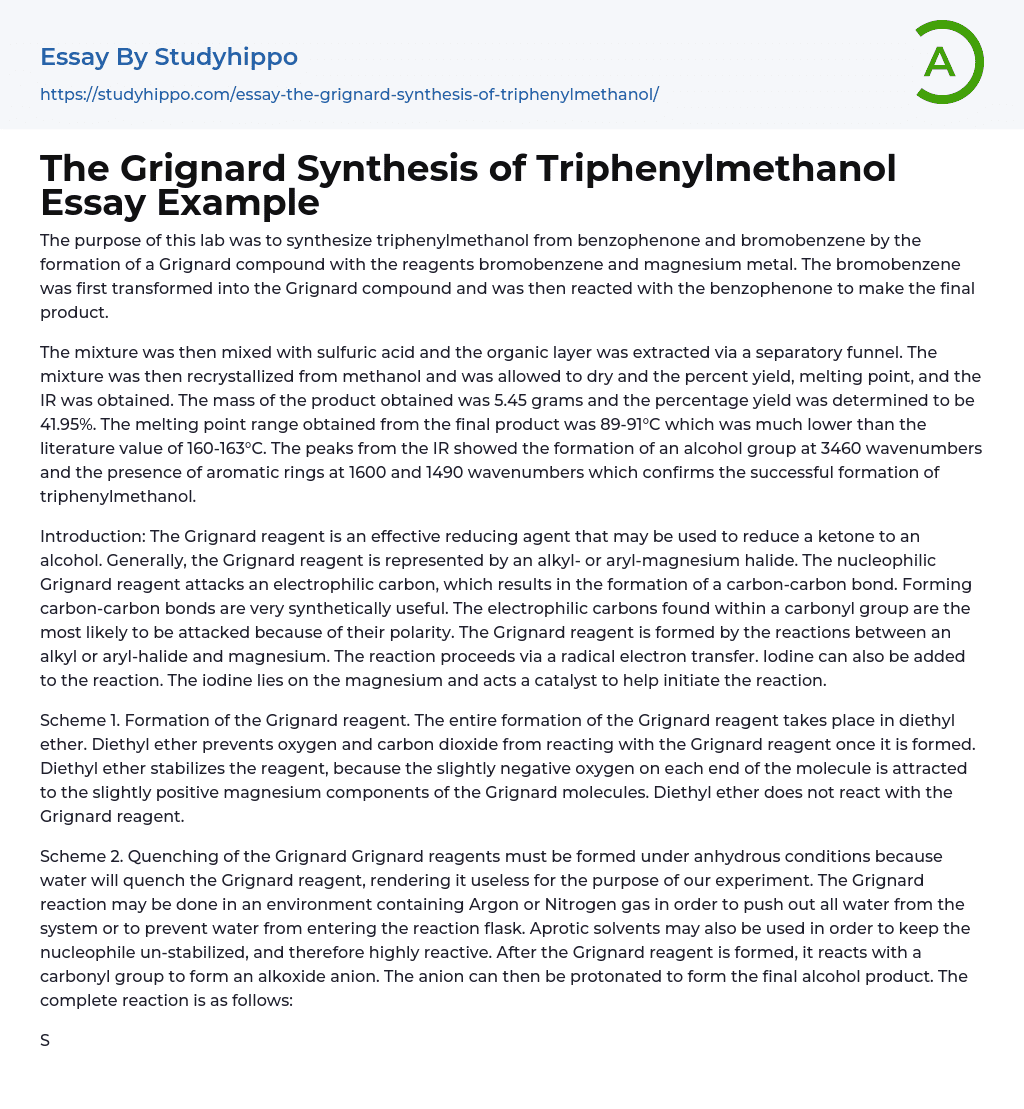 The Grignard Synthesis of Triphenylmethanol Essay Example