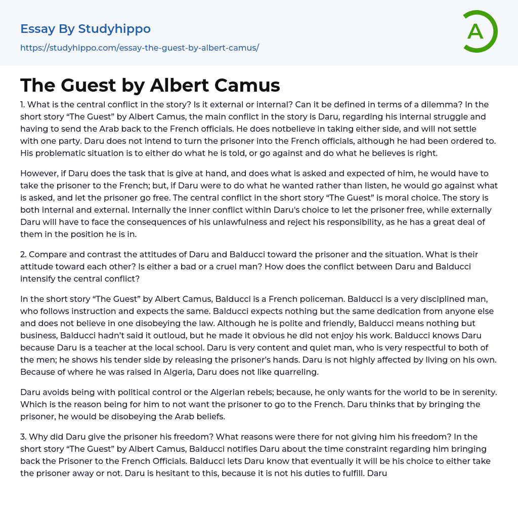 The Guest by Albert Camus Essay Example