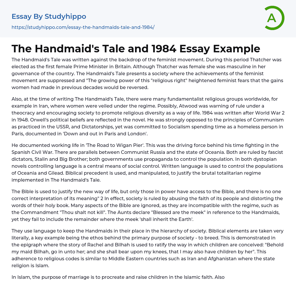 The Handmaid’s Tale and 1984 Essay Example