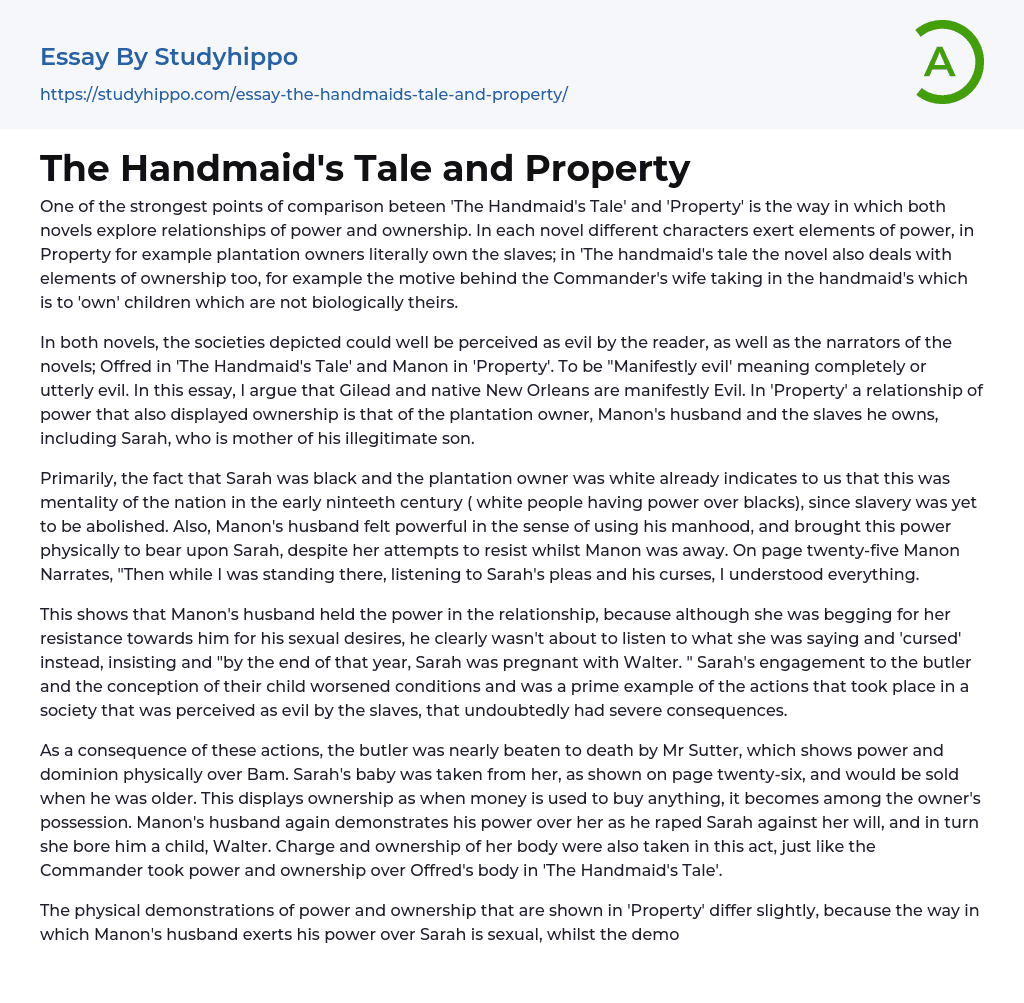 The Handmaid’s Tale and Property Essay Example