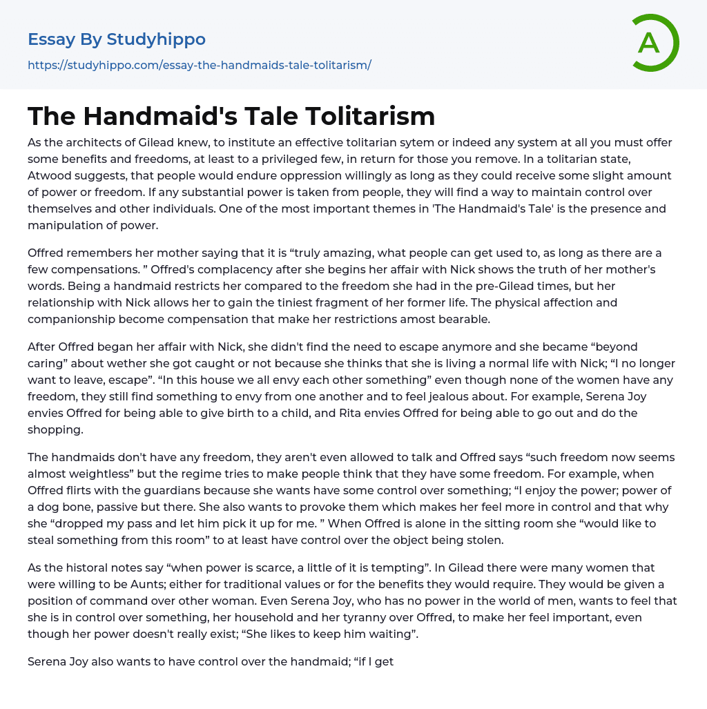 The Handmaid’s Tale Tolitarism Essay Example