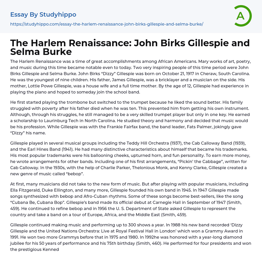 The Harlem Renaissance: John Birks Gillespie and Selma Burke Essay Example