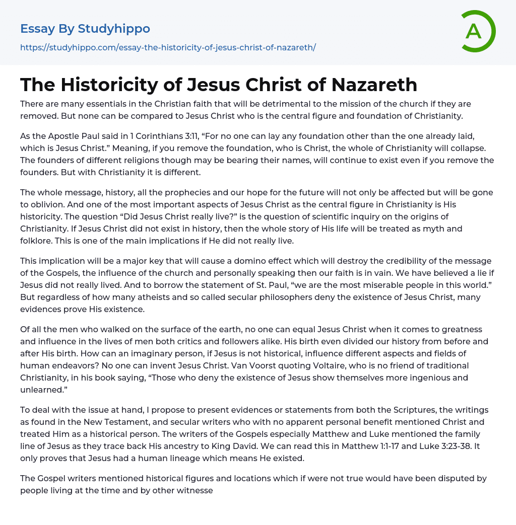 The Historicity of Jesus Christ of Nazareth Essay Example