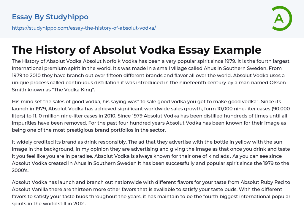 The History of Absolut Vodka Essay Example