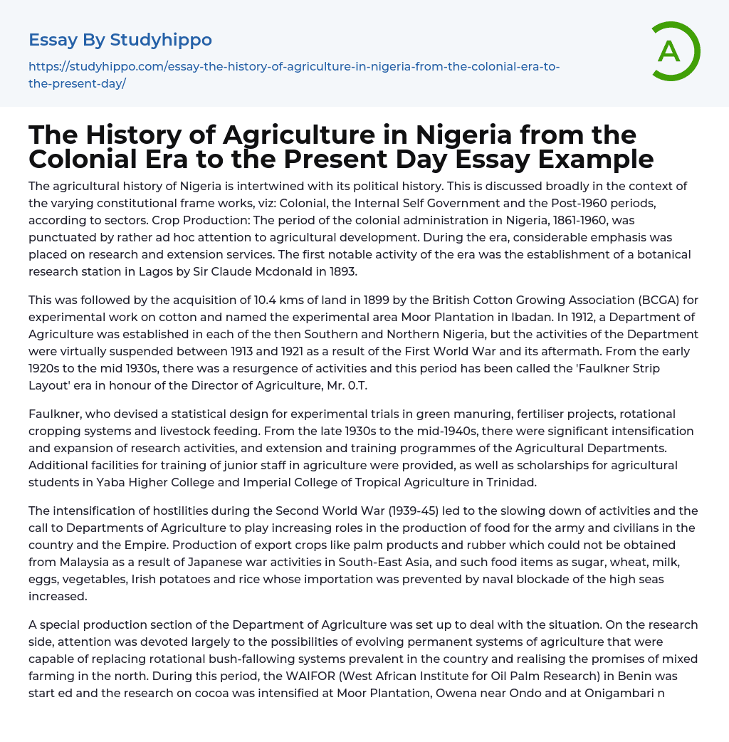 The History of Agriculture in Nigeria from the Colonial Era to the Present Day Essay Example
