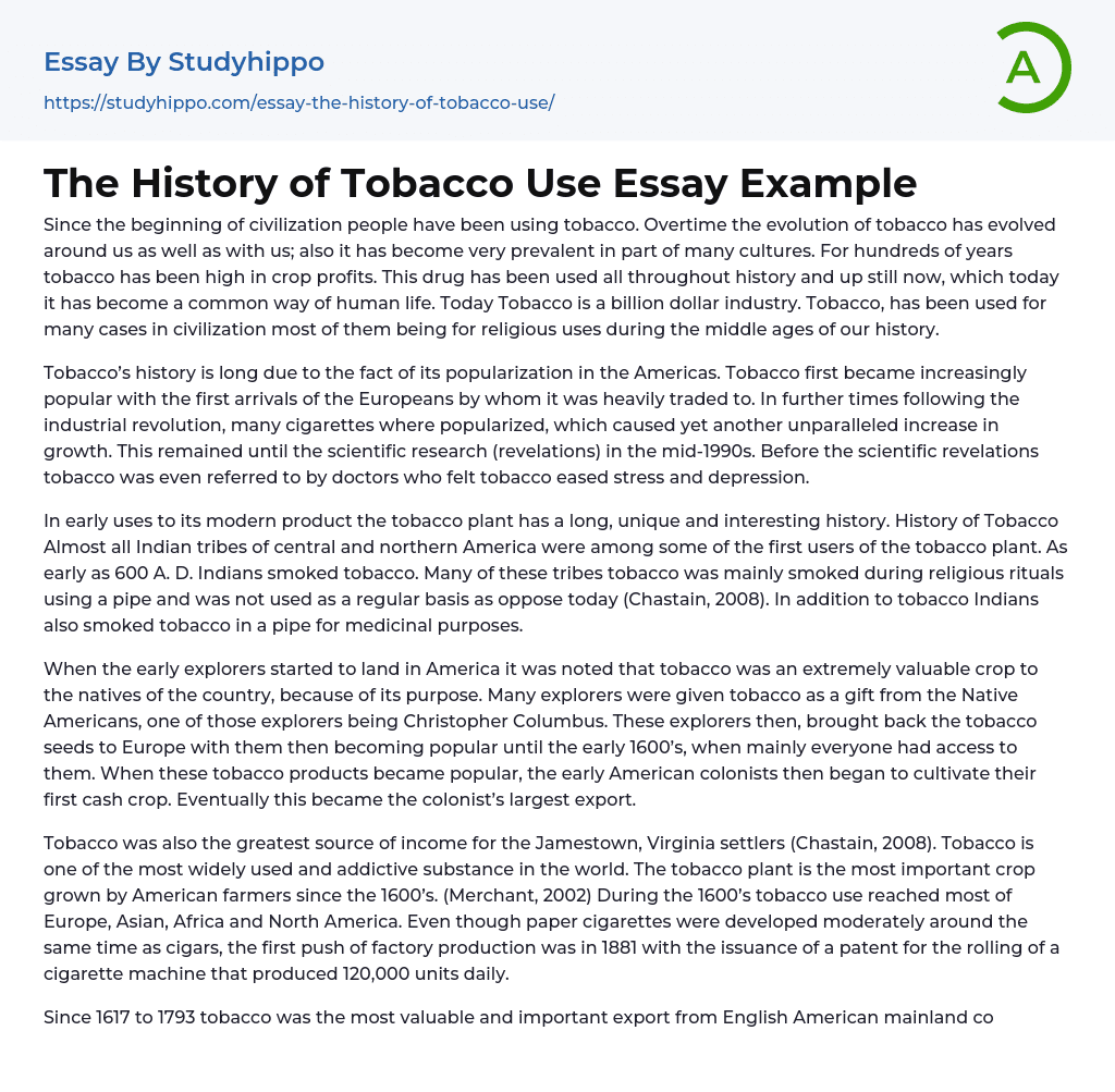 The History of Tobacco Use Essay Example
